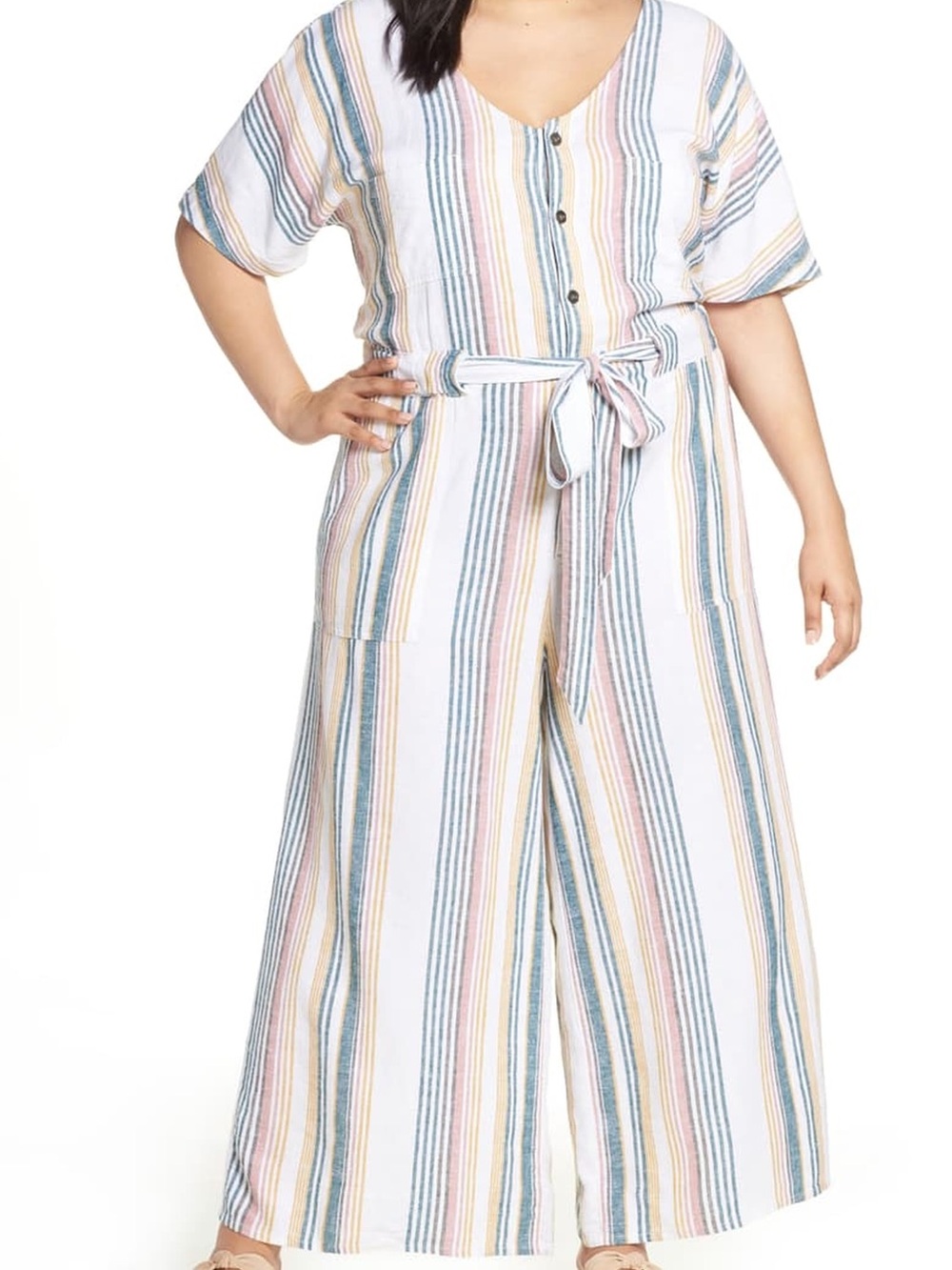 Caslon White Striped V-Neck Wide-Leg Jumpsuit with Tie Waist